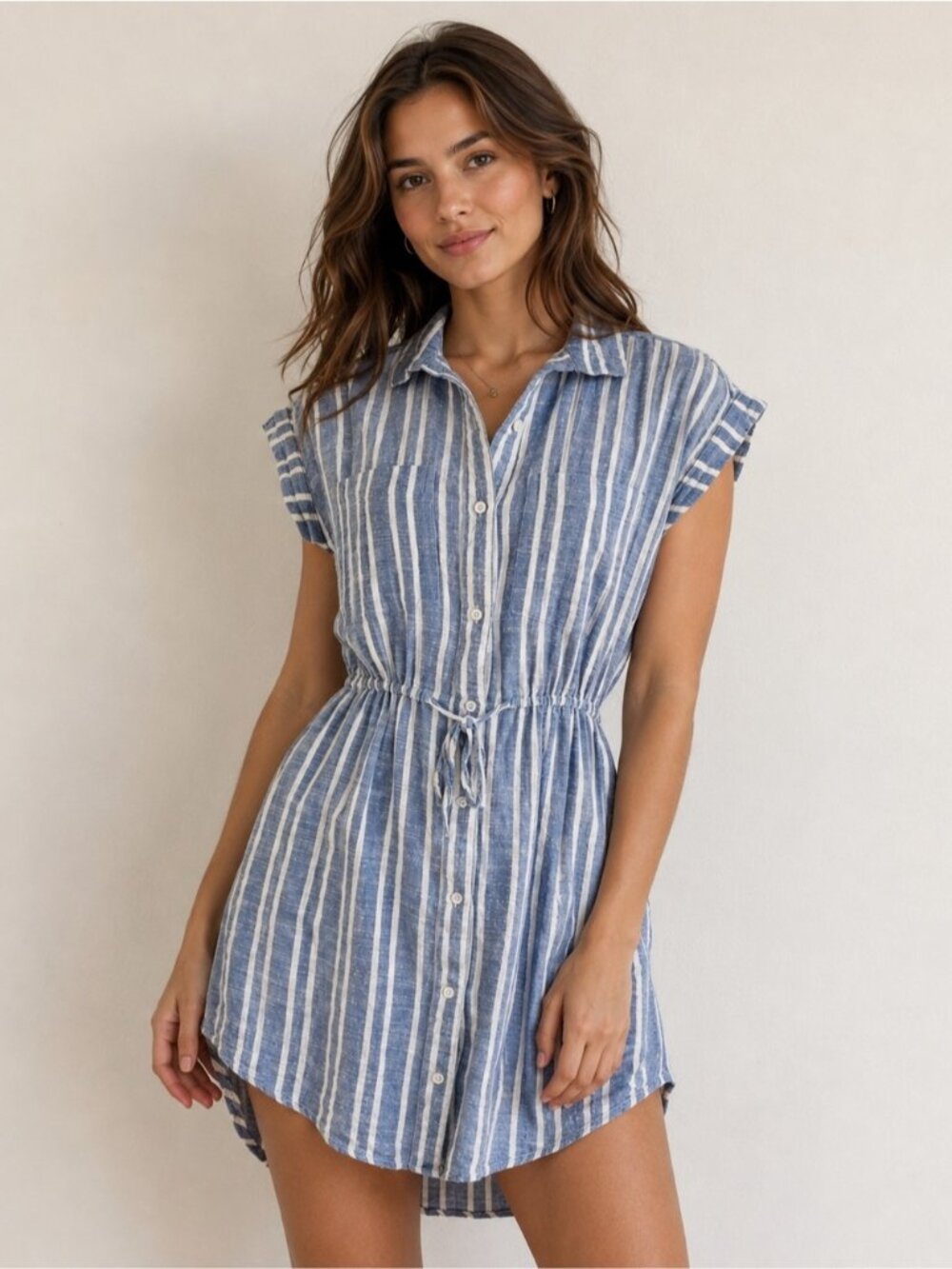 Blue White Striped Dress Lightweight Beachy Tie Waist Size XS Pockets Button